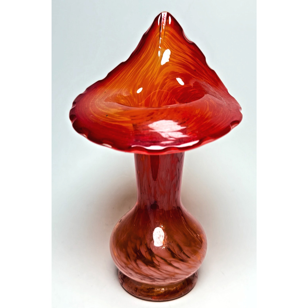 Mouth Blown 7.25" Red & White Swirl Jack In The Pulpit Art Glass Vase Handmade
